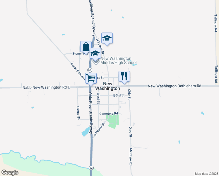 map of restaurants, bars, coffee shops, grocery stores, and more near 302 East Main Street in New Washington