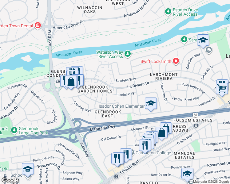 map of restaurants, bars, coffee shops, grocery stores, and more near 8889 La Riviera Drive in Sacramento