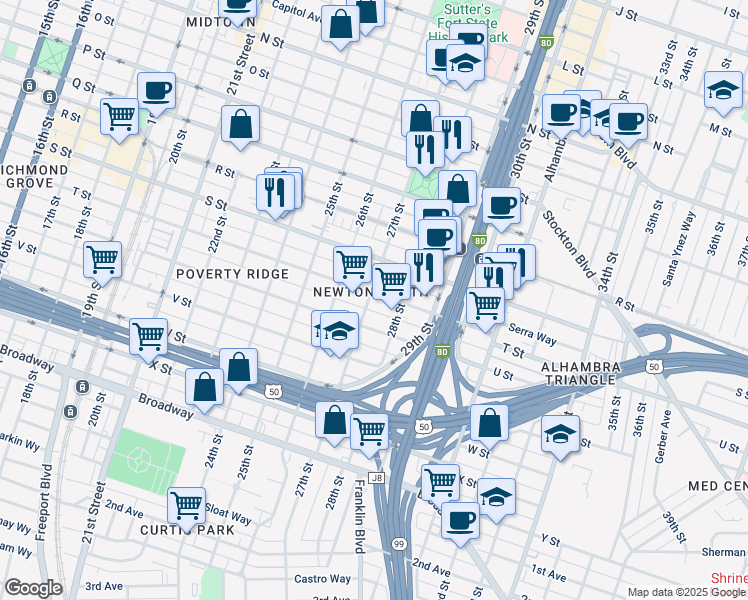 map of restaurants, bars, coffee shops, grocery stores, and more near 2713 T Street in Sacramento