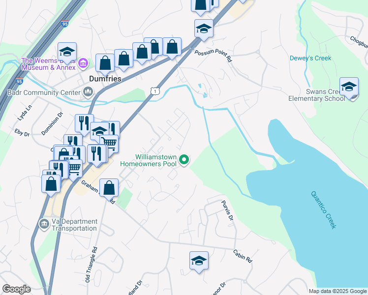 map of restaurants, bars, coffee shops, grocery stores, and more near 17935 Milroy Drive in Dumfries