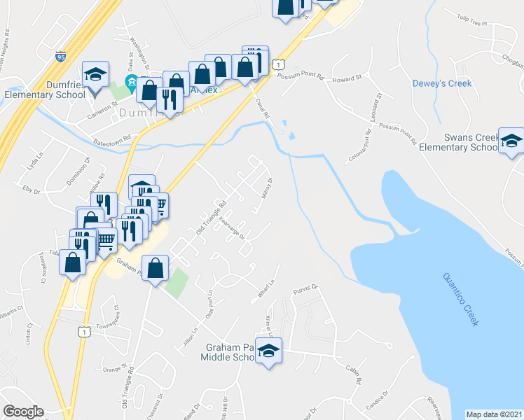 map of restaurants, bars, coffee shops, grocery stores, and more near 17935 Milroy Drive in Dumfries