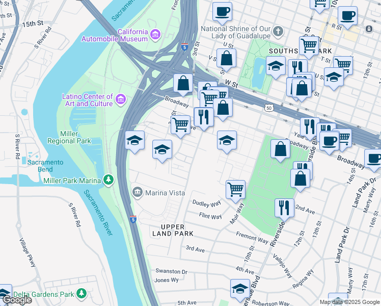 map of restaurants, bars, coffee shops, grocery stores, and more near 2630 5th Street in Sacramento