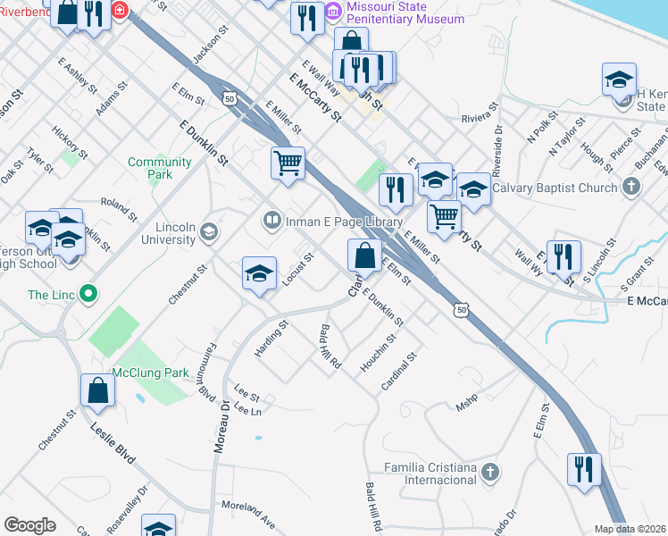 map of restaurants, bars, coffee shops, grocery stores, and more near 1122 East Elm Street in Jefferson City