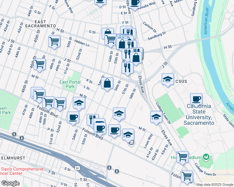 map of restaurants, bars, coffee shops, grocery stores, and more near 1058 56th Street in Sacramento