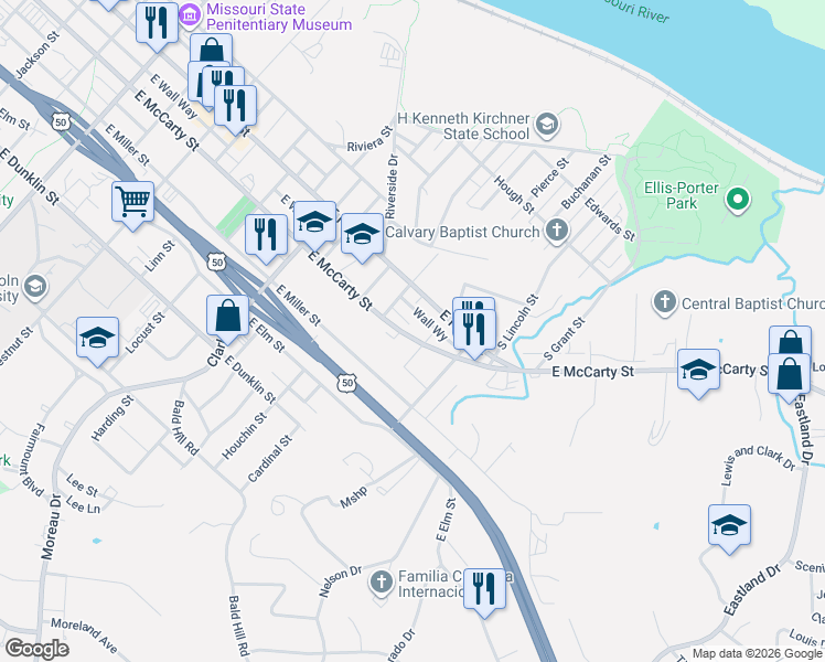 map of restaurants, bars, coffee shops, grocery stores, and more near 1300-1326 Gordon Ct in Jefferson City
