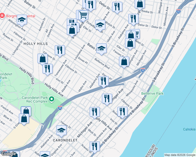 map of restaurants, bars, coffee shops, grocery stores, and more near 621 Wilmington Avenue in St. Louis