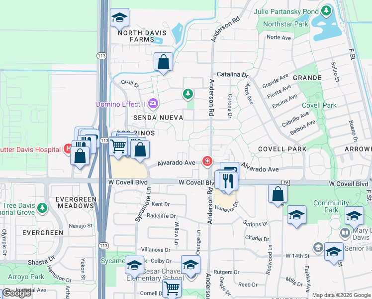 map of restaurants, bars, coffee shops, grocery stores, and more near 909 Alvarado Avenue in Davis