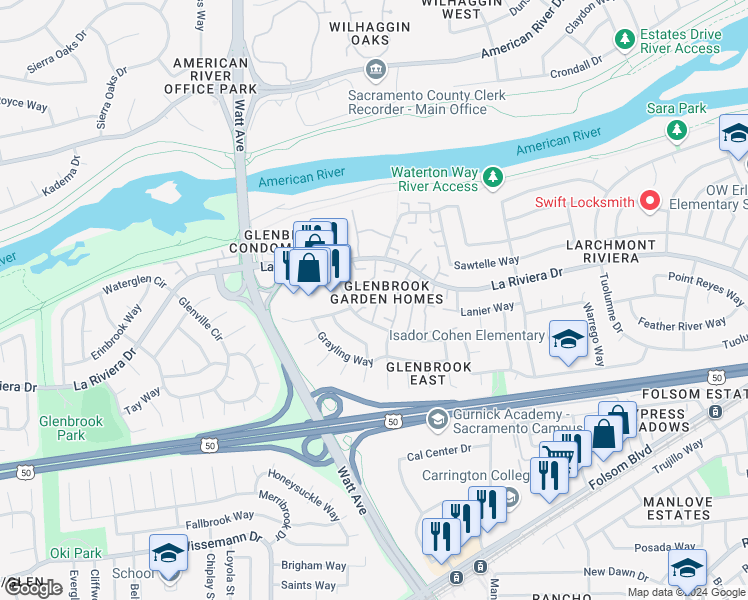 map of restaurants, bars, coffee shops, grocery stores, and more near 8820 La Riviera Drive in Sacramento