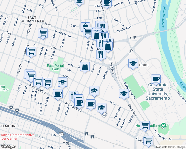 map of restaurants, bars, coffee shops, grocery stores, and more near 1058 56th Street in Sacramento