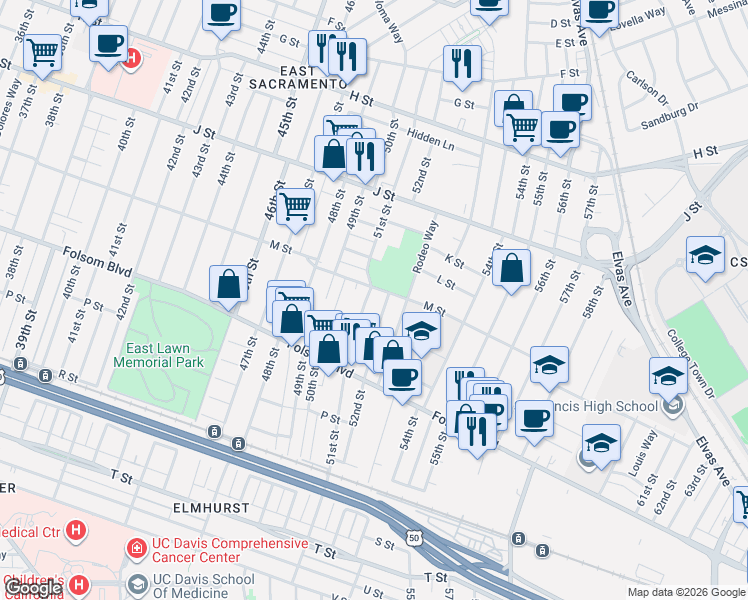 map of restaurants, bars, coffee shops, grocery stores, and more near 50 50th Saint 51st Street Alley in Sacramento