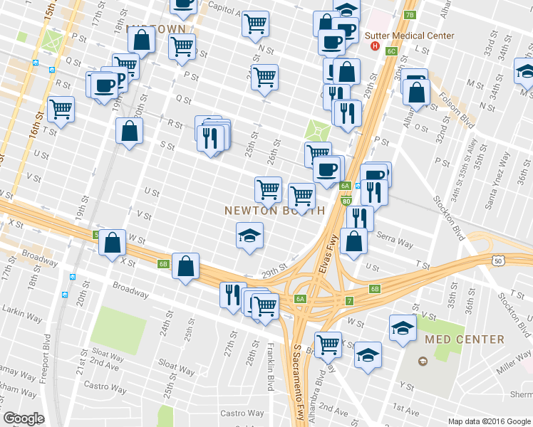 map of restaurants, bars, coffee shops, grocery stores, and more near 2615 T Street in Sacramento