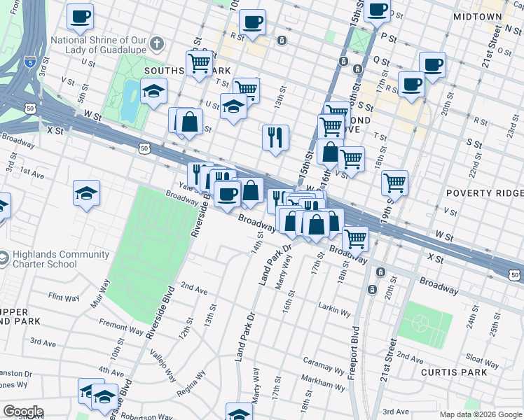 map of restaurants, bars, coffee shops, grocery stores, and more near 1306 X Street in Sacramento