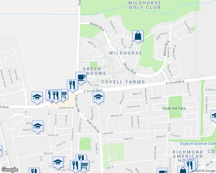 map of restaurants, bars, coffee shops, grocery stores, and more near 2021 Renoir Avenue in Davis