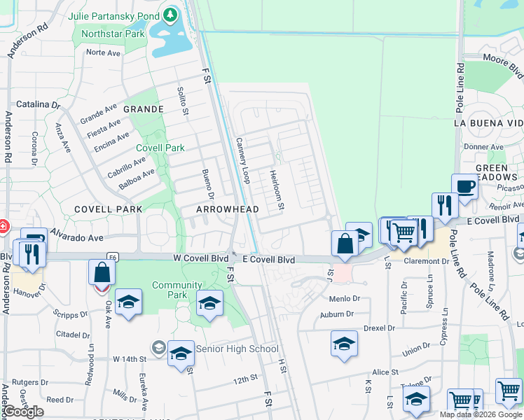 map of restaurants, bars, coffee shops, grocery stores, and more near 901 Jacobsen Lane in Davis
