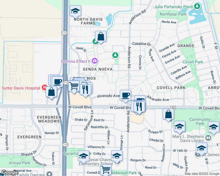 map of restaurants, bars, coffee shops, grocery stores, and more near 2400 Madrid Court in Davis