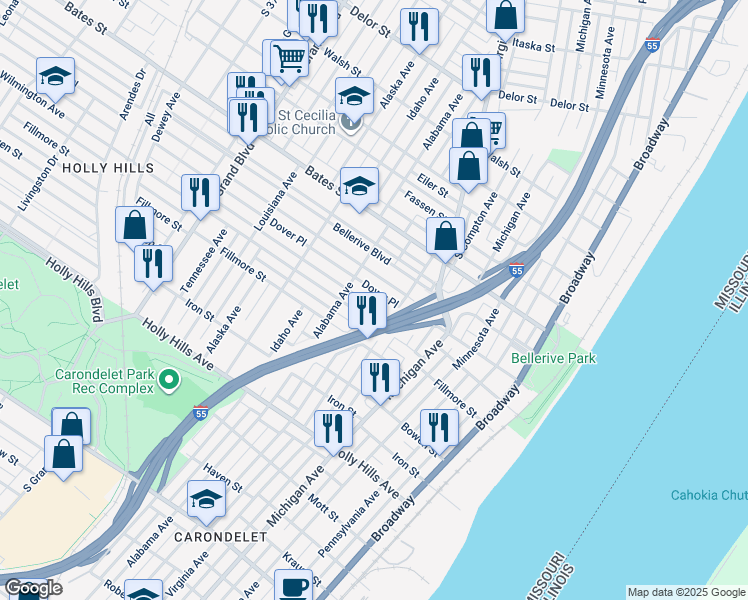 map of restaurants, bars, coffee shops, grocery stores, and more near 533 Dover Place in St. Louis