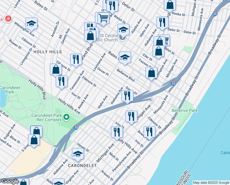 map of restaurants, bars, coffee shops, grocery stores, and more near 800 Wilmington Avenue in St. Louis