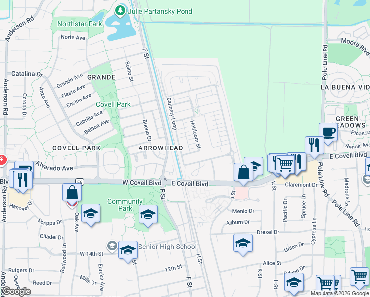 map of restaurants, bars, coffee shops, grocery stores, and more near 901 Jacobsen Lane in Davis
