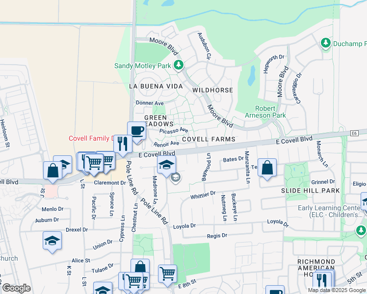 map of restaurants, bars, coffee shops, grocery stores, and more near 2021 Renoir Avenue in Davis