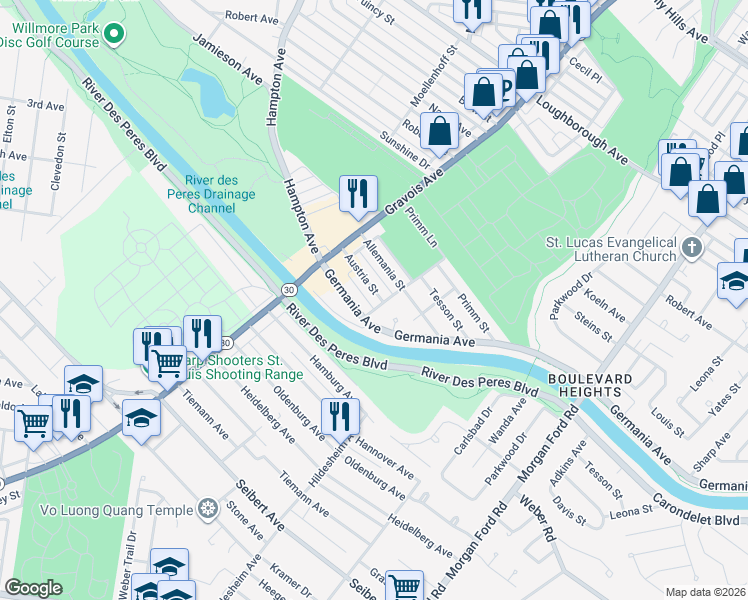map of restaurants, bars, coffee shops, grocery stores, and more near 4826 Austria Street in St. Louis