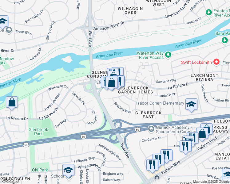 map of restaurants, bars, coffee shops, grocery stores, and more near 8742 La Riviera Drive in Sacramento