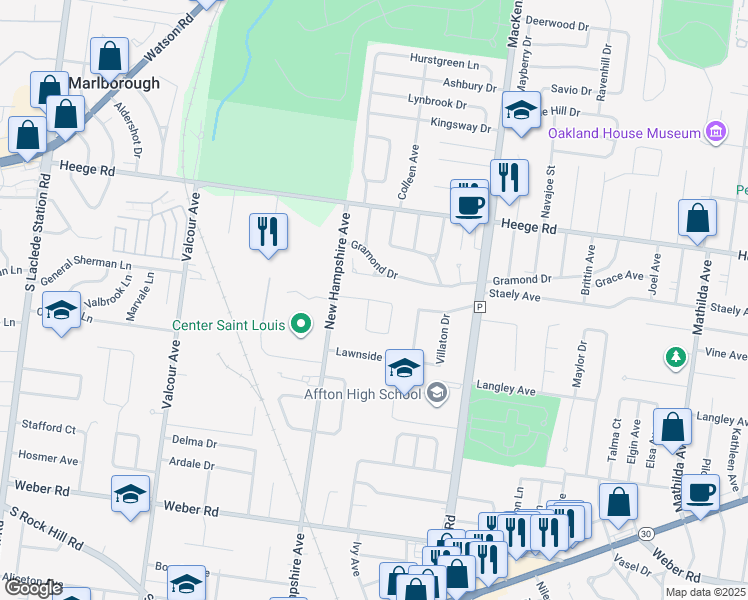 map of restaurants, bars, coffee shops, grocery stores, and more near 6617 Laconia Drive in Affton