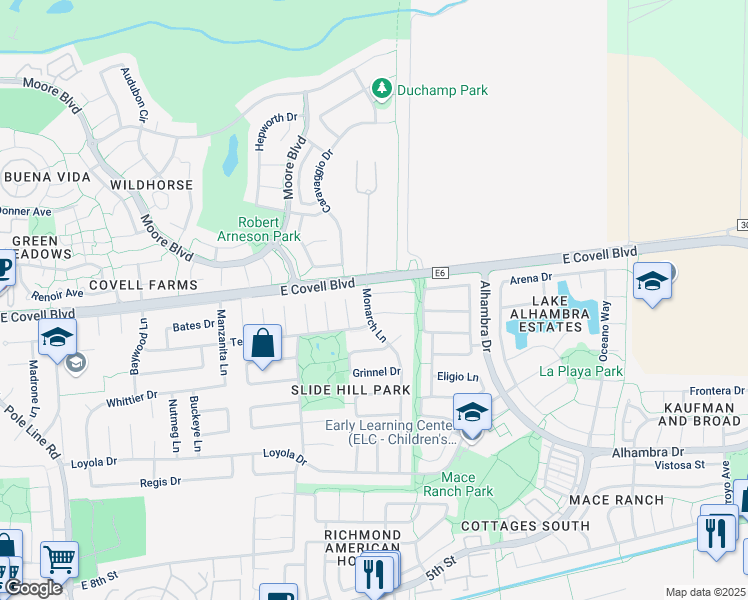 map of restaurants, bars, coffee shops, grocery stores, and more near 1724 Monarch Lane in Davis