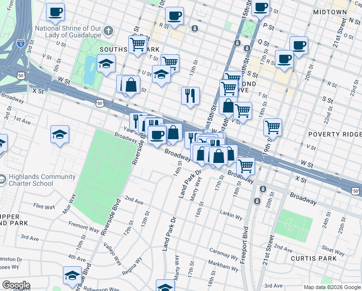 map of restaurants, bars, coffee shops, grocery stores, and more near 1306 X Street in Sacramento
