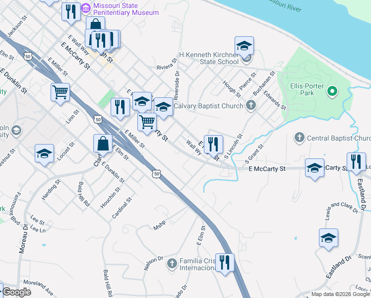 map of restaurants, bars, coffee shops, grocery stores, and more near 1326 Gordon Court in Jefferson City