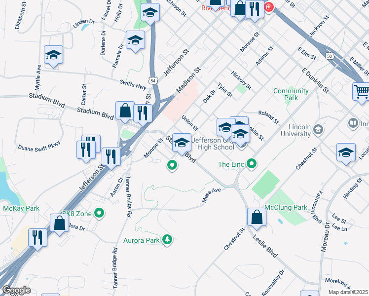 map of restaurants, bars, coffee shops, grocery stores, and more near 1229 Adams Street in Jefferson City