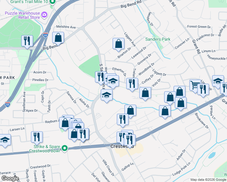 map of restaurants, bars, coffee shops, grocery stores, and more near 1041 Westglen Drive in St. Louis