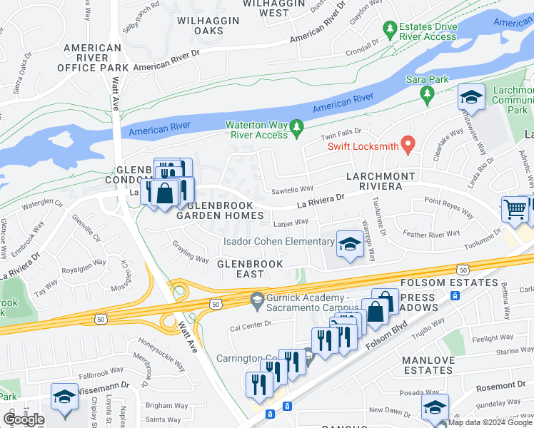 map of restaurants, bars, coffee shops, grocery stores, and more near 8900 Lanier Way in Sacramento