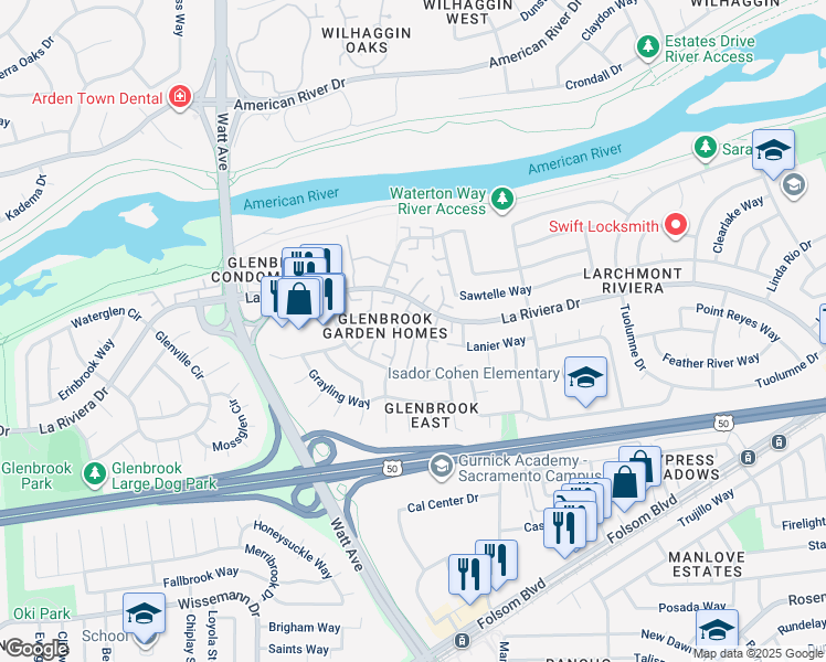 map of restaurants, bars, coffee shops, grocery stores, and more near 8864 La Riviera Drive in Sacramento