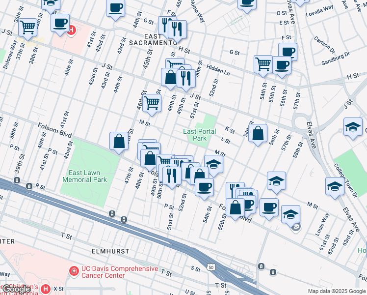map of restaurants, bars, coffee shops, grocery stores, and more near 50 50th Saint 51st Street Alley in Sacramento