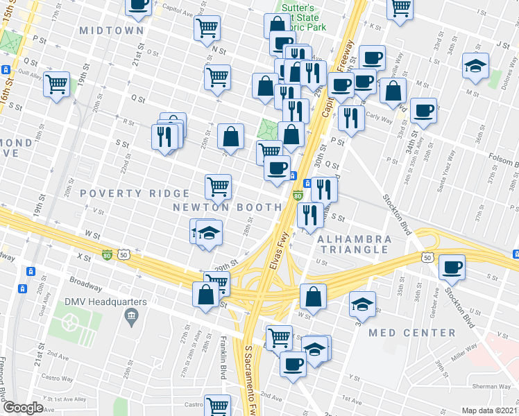 map of restaurants, bars, coffee shops, grocery stores, and more near 2812 S Street in Sacramento