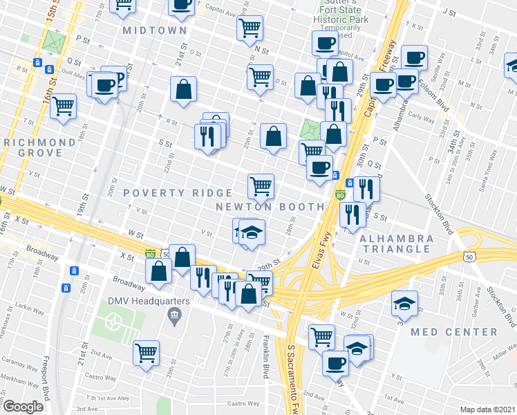 map of restaurants, bars, coffee shops, grocery stores, and more near 2615 T Street in Sacramento