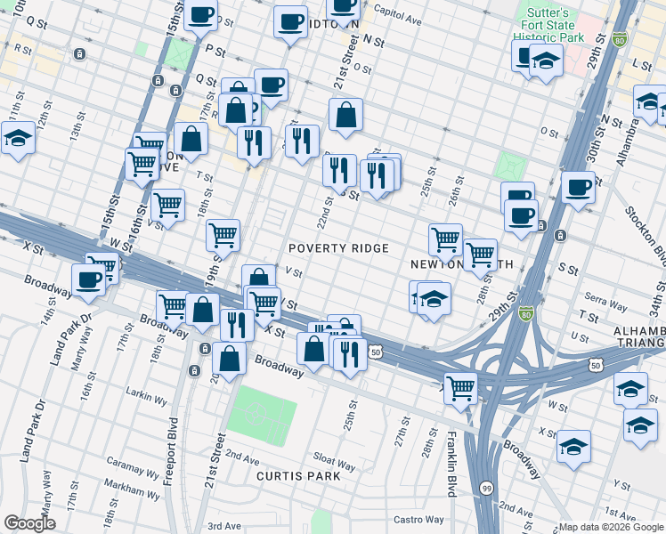 map of restaurants, bars, coffee shops, grocery stores, and more near 2212 U Street in Sacramento