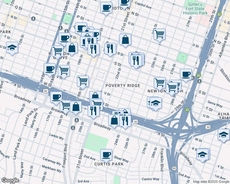 map of restaurants, bars, coffee shops, grocery stores, and more near 2212 U Street in Sacramento