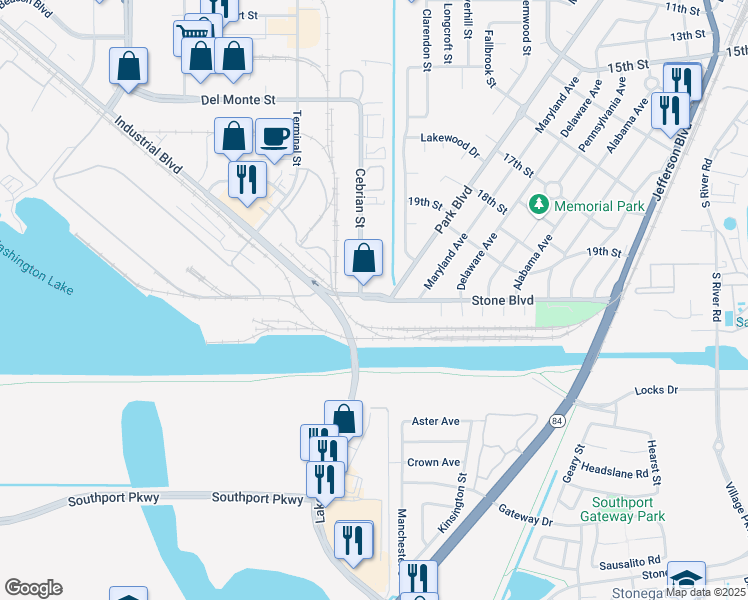 map of restaurants, bars, coffee shops, grocery stores, and more near 2150 Stone Boulevard in West Sacramento