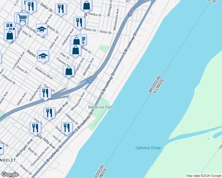 map of restaurants, bars, coffee shops, grocery stores, and more near 5408 South Broadway in St. Louis