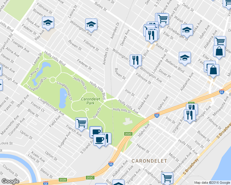 map of restaurants, bars, coffee shops, grocery stores, and more near 3610 Iron Street in St. Louis