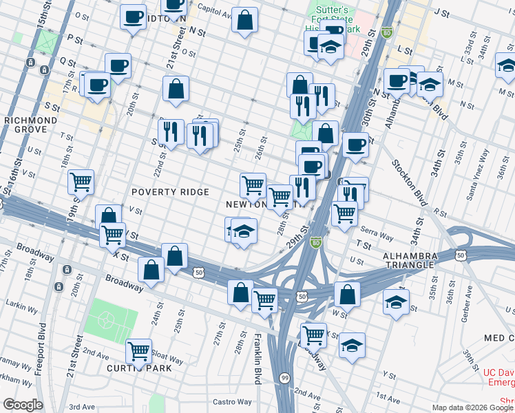 map of restaurants, bars, coffee shops, grocery stores, and more near 2615 T Street in Sacramento