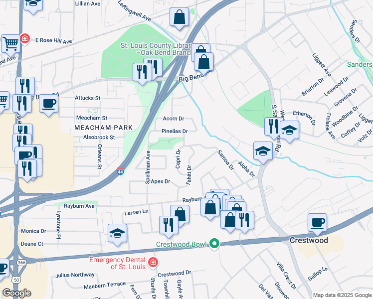map of restaurants, bars, coffee shops, grocery stores, and more near 701 Samoa Drive in St. Louis