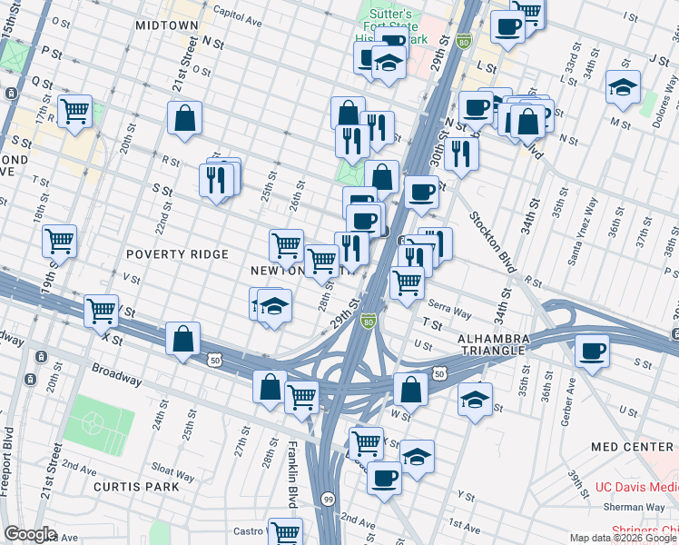 map of restaurants, bars, coffee shops, grocery stores, and more near 1921 28th Street in Sacramento