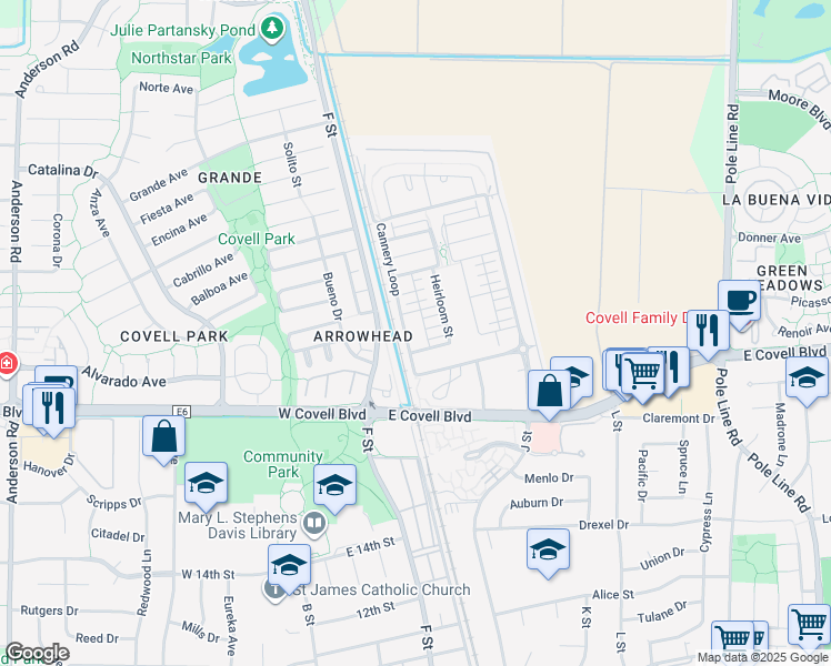 map of restaurants, bars, coffee shops, grocery stores, and more near 901 Jacobsen Lane in Davis