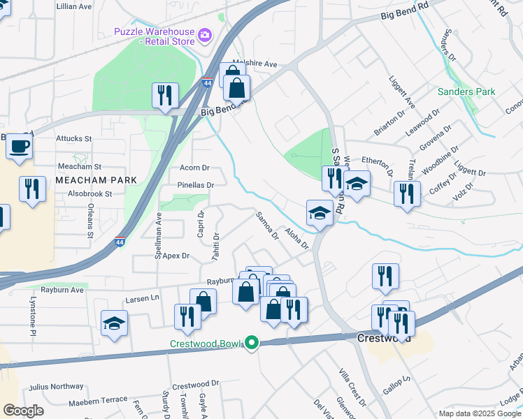 map of restaurants, bars, coffee shops, grocery stores, and more near 761 Samoa Drive in St. Louis