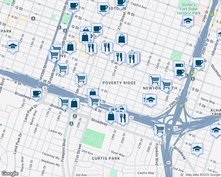map of restaurants, bars, coffee shops, grocery stores, and more near 2117 22nd Street in Sacramento