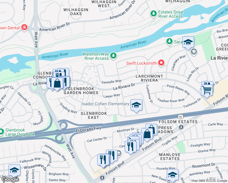 map of restaurants, bars, coffee shops, grocery stores, and more near 8909 La Riviera Drive in Sacramento