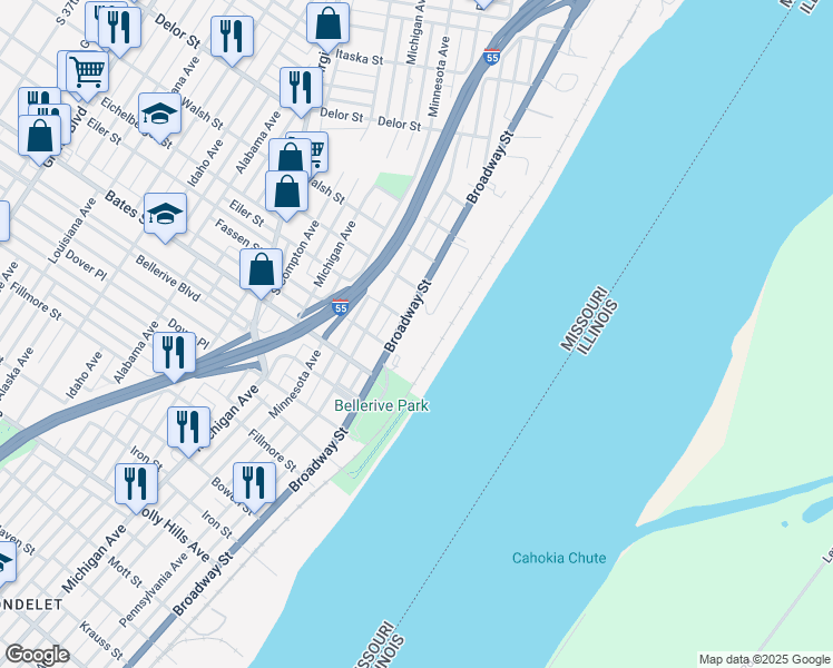 map of restaurants, bars, coffee shops, grocery stores, and more near 5408 South Broadway in St. Louis