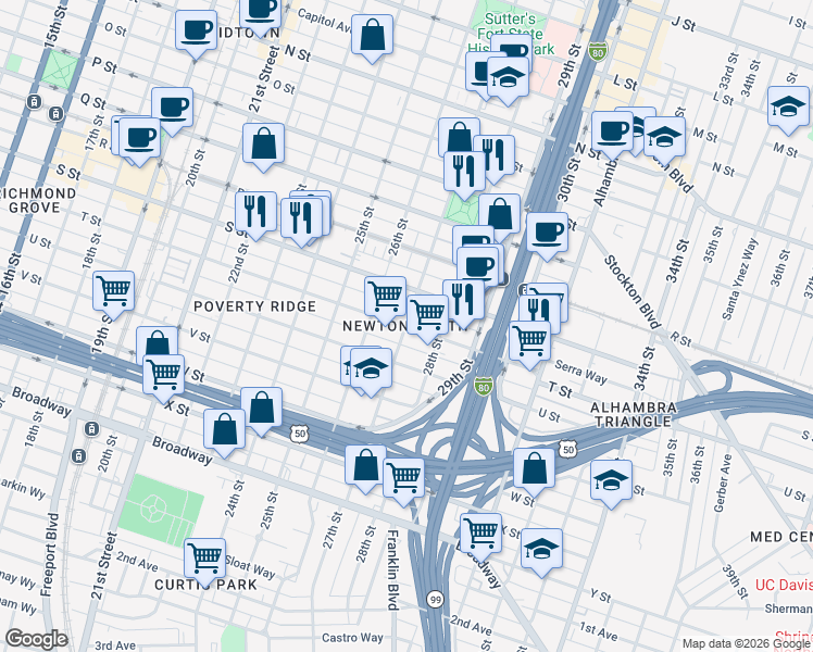 map of restaurants, bars, coffee shops, grocery stores, and more near T Street & 27th Street in Sacramento